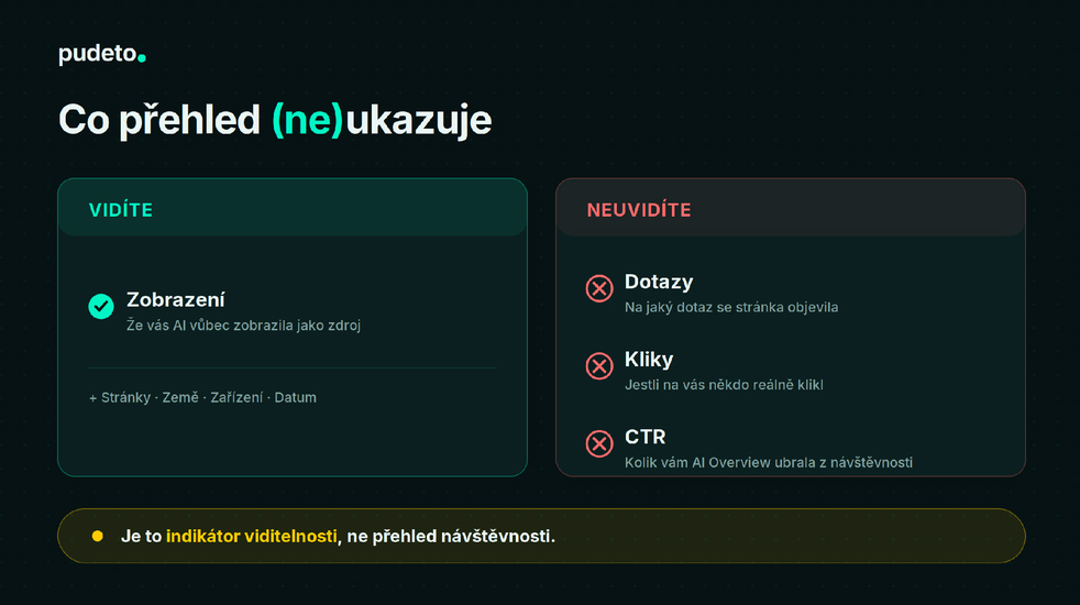 Přehled ukazuje, že vás AI zobrazila — ne na jaký dotaz, jestli někdo klikl, ani CTR.