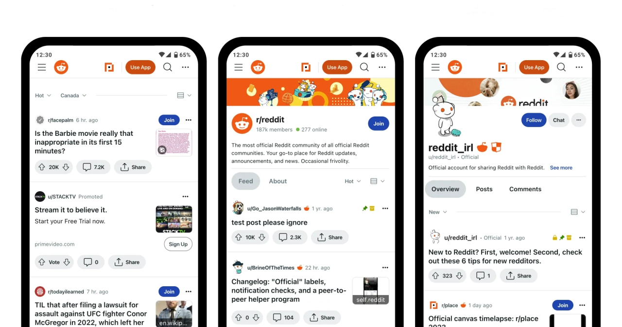 Mobilní rozhraní Redditu — hlavní feed, subreddit a uživatelský profil
